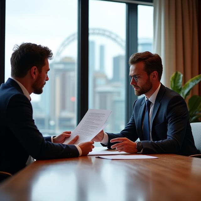 A professional legal consultation meeting in a modern London office overlooking the bridge