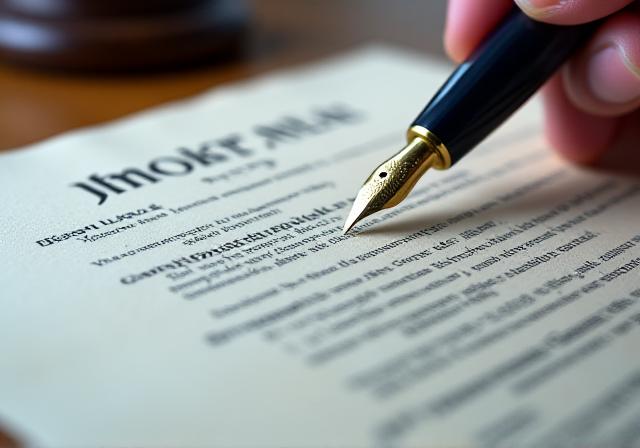 Close-up of a legal professional reviewing a complex contract with a fountain pen
